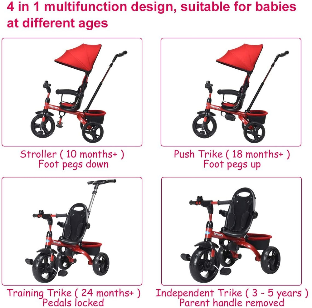 4-in-1 kids tricycle in red with adjustable push handle, removable canopy, and safety features for ages 10 months to 5.