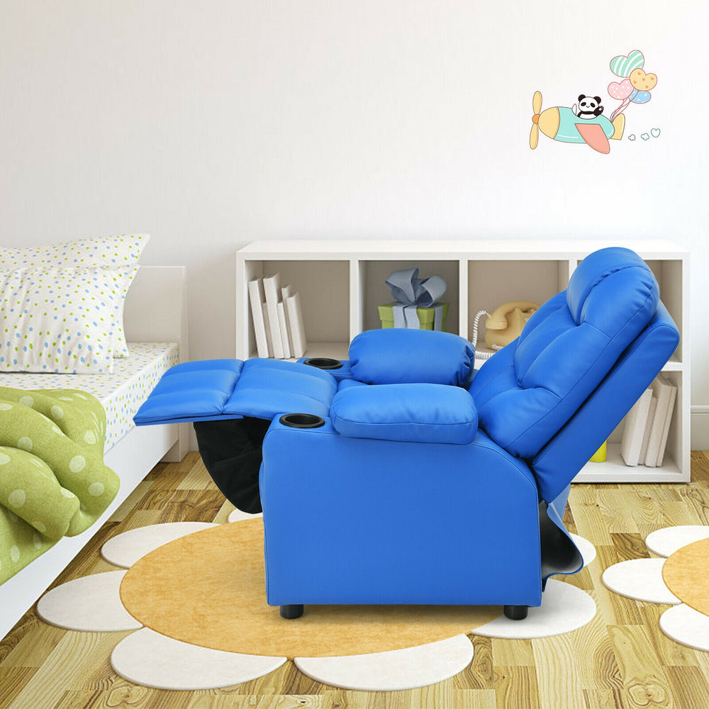 Kids recliner chair in blue with cup holder and footrest, designed for comfort and stability, ideal for children's.