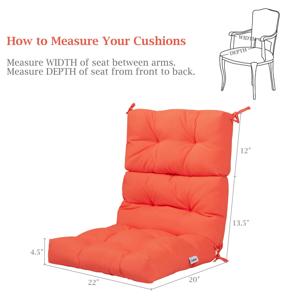 Tufted orange outdoor patio chair cushion measuring 22 x 44 inches, featuring string ties for secure placement.