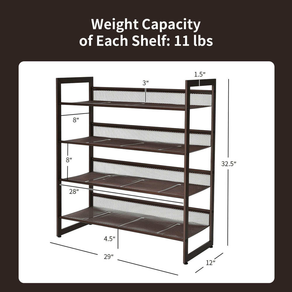 4-tier metal shoe rack with adjustable mesh shelves, holds 16 pairs, ideal for entryway or hallway organization.