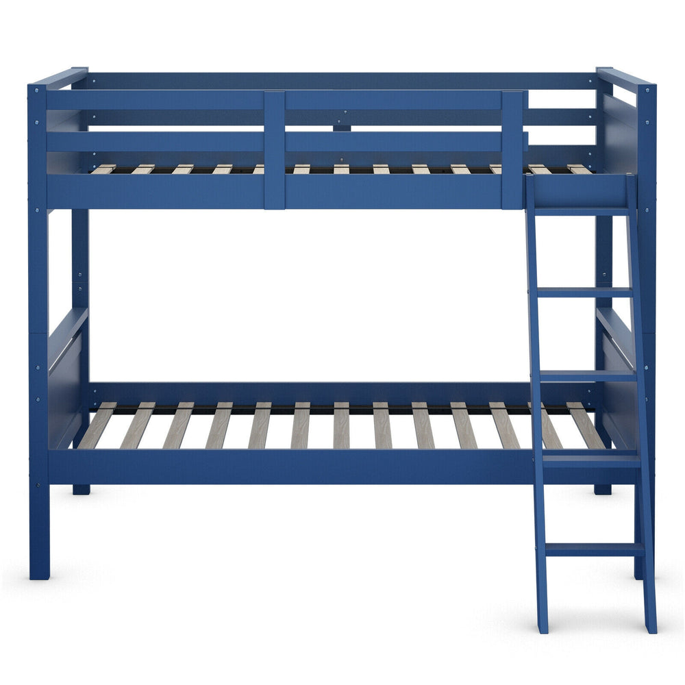 Navy wooden bunk bed featuring a sturdy frame and slats, designed for safety with high guardrails and an inclined.