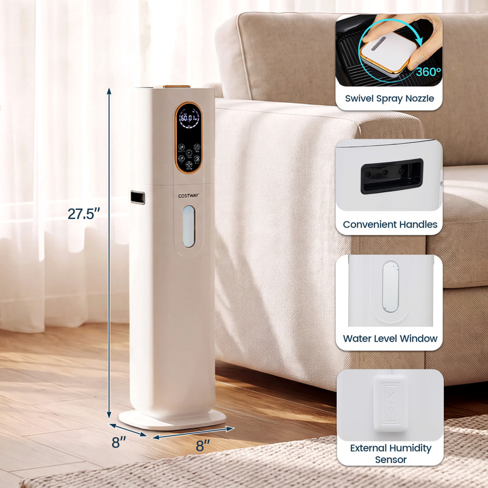 Cool mist humidifier with a 2.4 gal tank, 540 sq.ft coverage, and 360° swivel nozzle for optimal indoor comfort.