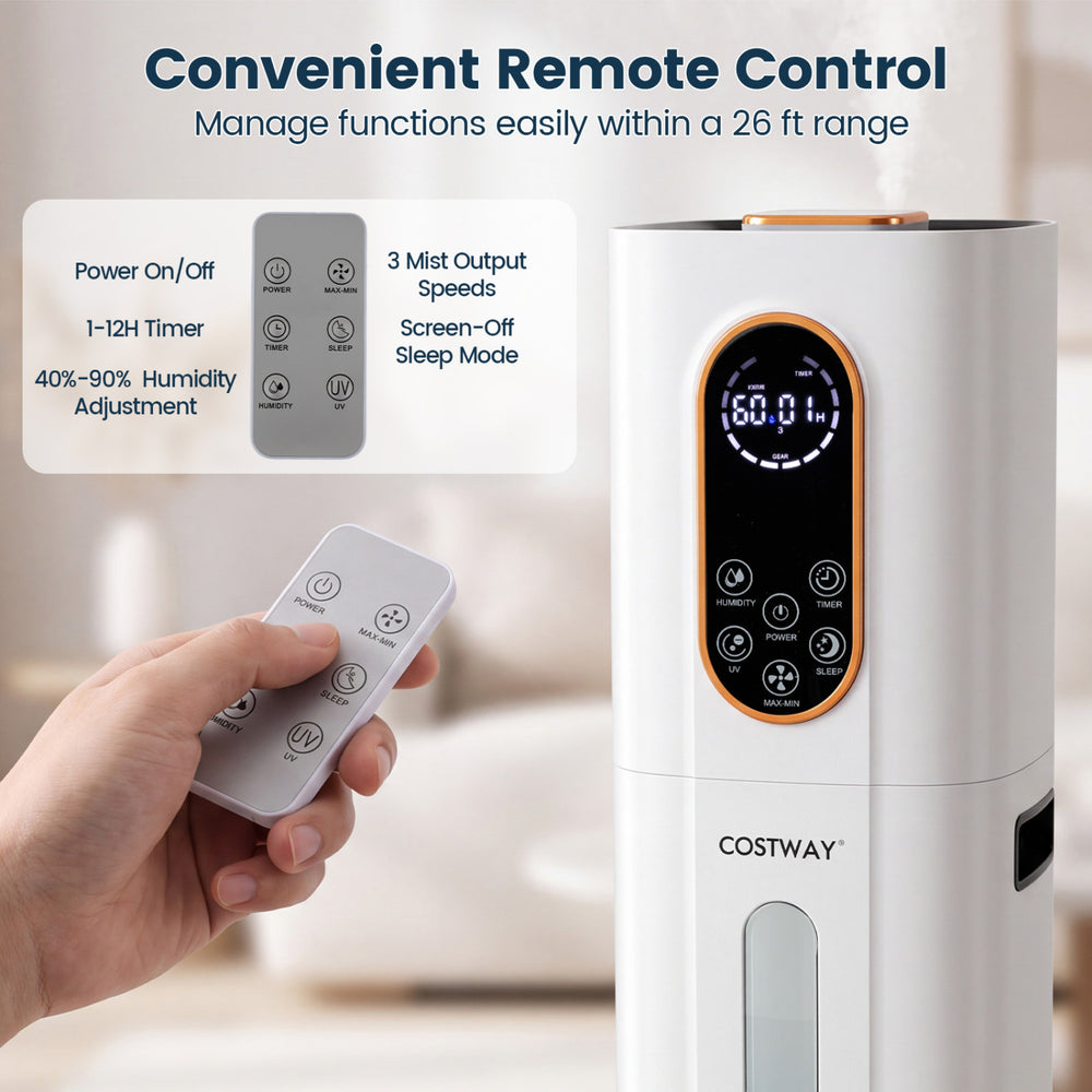 Cool mist humidifier with 2.4 gal tank, remote control, and 540 sq.ft coverage for optimal bedroom comfort.
