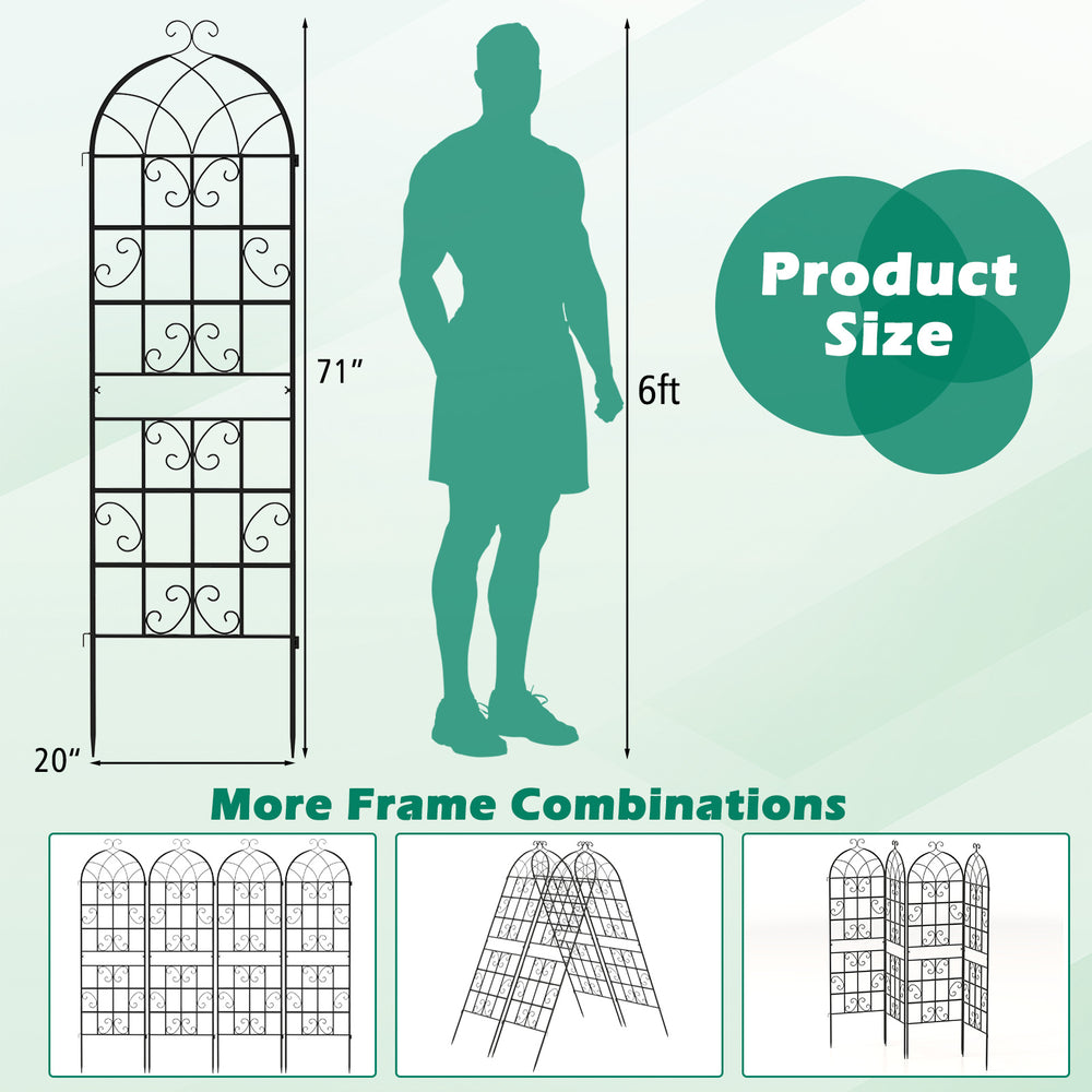 Metal garden trellis measuring 71 x 20 inches, designed for climbing plants with a stylish butterfly pattern and arch.