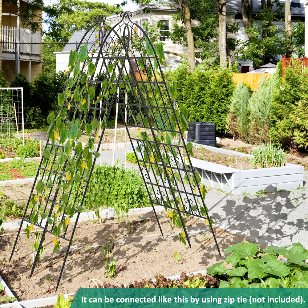 Metal garden trellis with elegant arch top, ideal for climbing plants and customizable layouts in your garden.