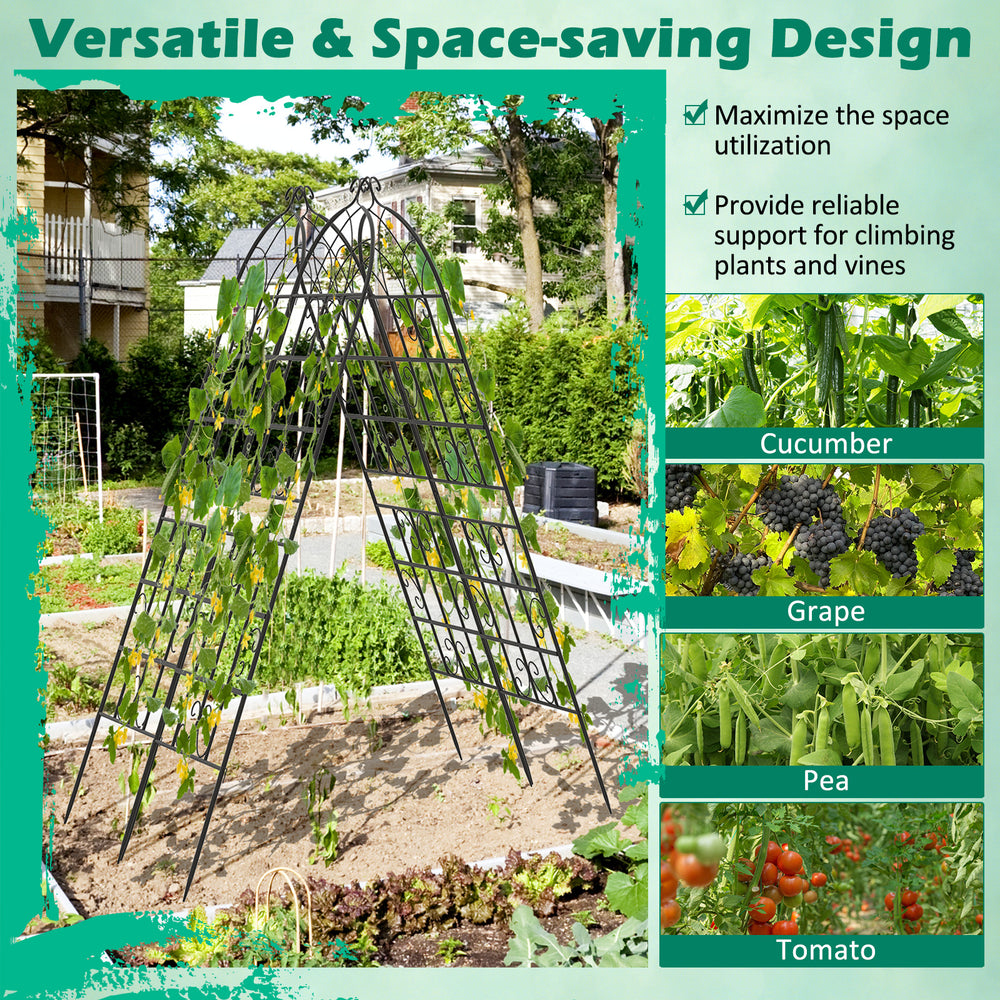 Metal garden trellis for climbing plants, 71 x 20 inches, featuring a stylish arch top and sturdy rustproof design.