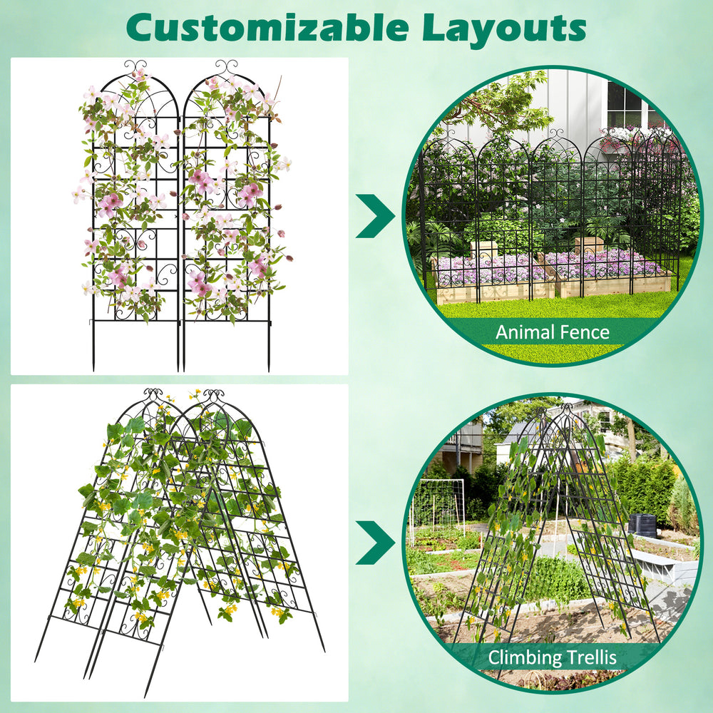 Metal garden trellis set of 2, 71 x 20 inches, with customizable layouts for climbing plants and stylish butterfly.