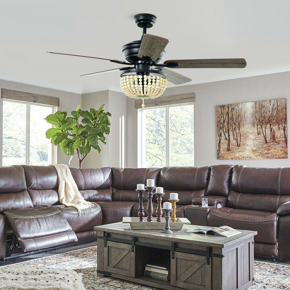 52-inch retro ceiling fan with bead lampshade and reversible blades, ideal for medium to large living spaces.
