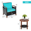 Patio rattan chair with turquoise cushion and acacia wood table, perfect for outdoor relaxation and gatherings.