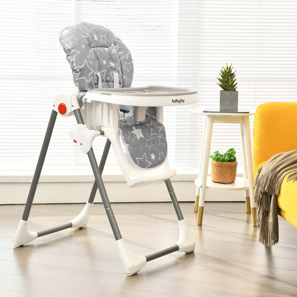 Folding baby high dining chair in gray with adjustable height, removable cushion, and 5-point safety belt for secure.