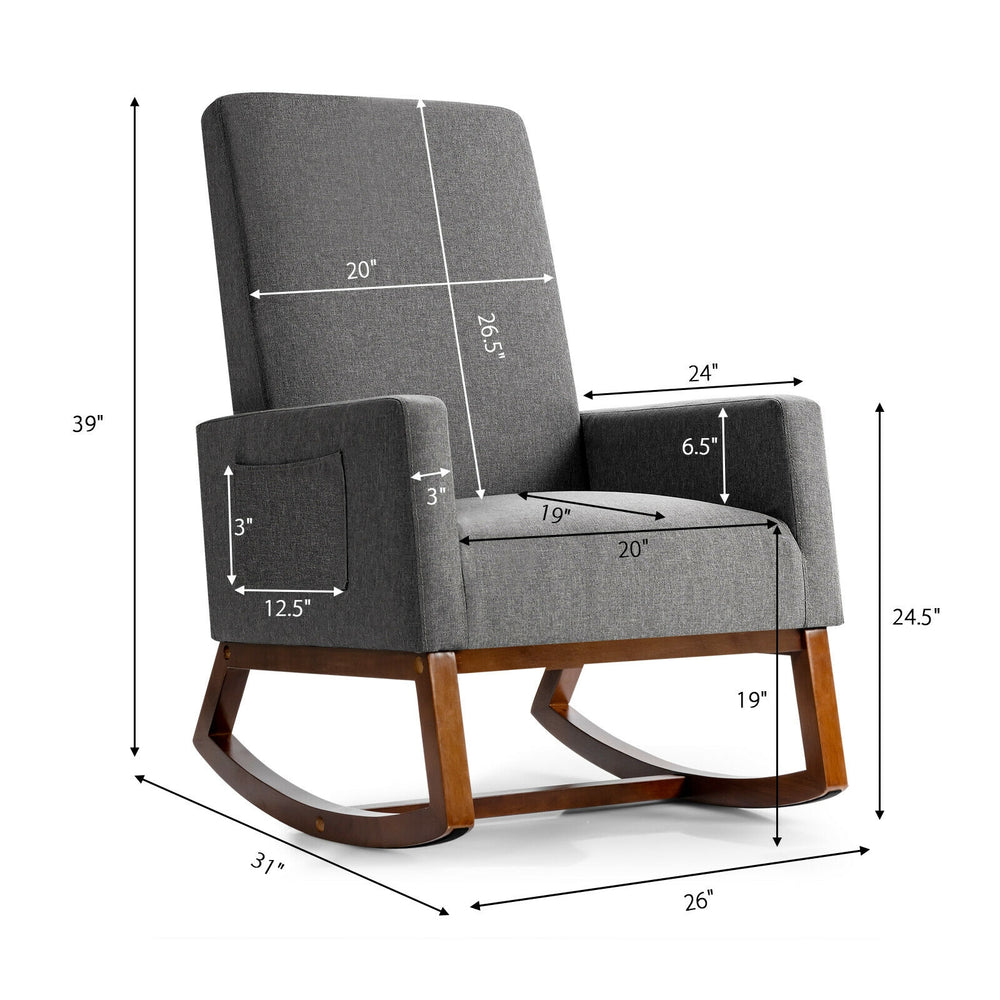 Gray rocking high back upholstered lounge armchair with side pocket, solid rubberwood base, ideal for nursery or living.