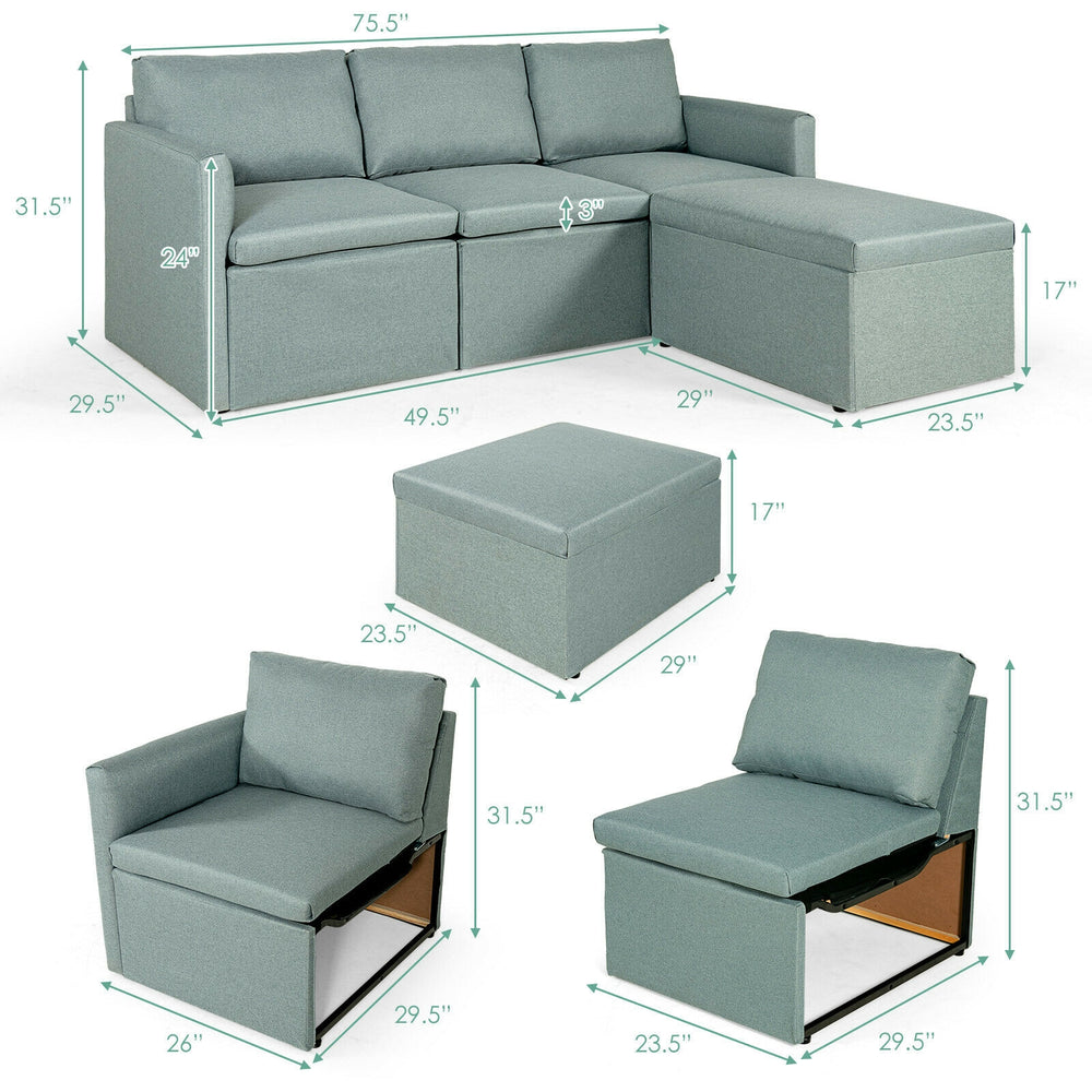 Convertible L-shaped sectional sofa in green with reversible chaise, featuring cushioned pillows and space-saving.