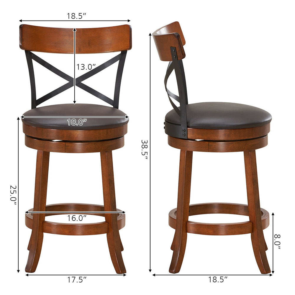 Set of 2 swivel bar stools with rubber wood legs, curved backrest, and soft cushion for comfortable seating.