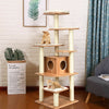 Tall 7-layer wooden cat tree with sisal posts and condo, featuring removable mats for easy cleaning and stability.