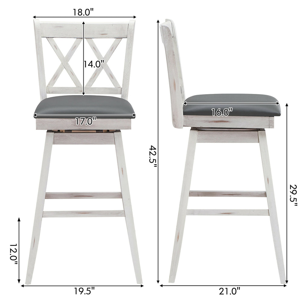 Side view of a 29-inch swivel barstool set with rubberwood legs and gray PVC leather cushion, ideal for various.