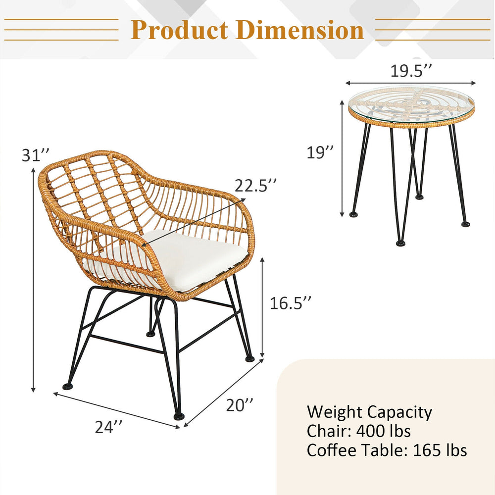 Cushioned chair and round coffee table from a 3-piece rattan furniture set, perfect for outdoor patio use.