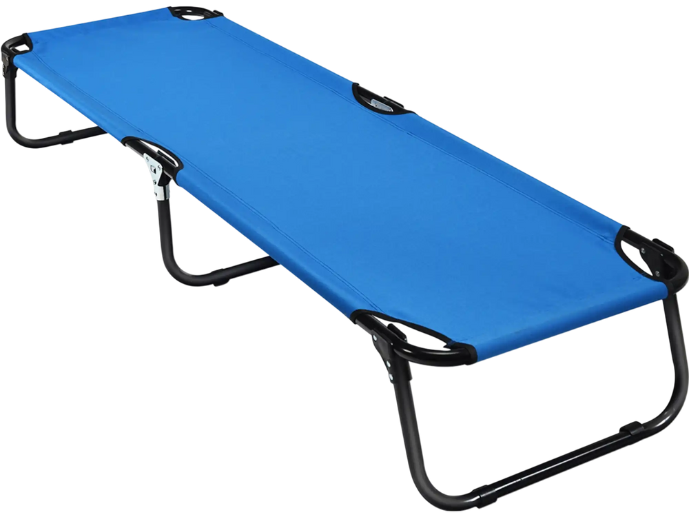 Portable folding camping cot in blue with sturdy iron frame, ideal for outdoor activities and easy storage.
