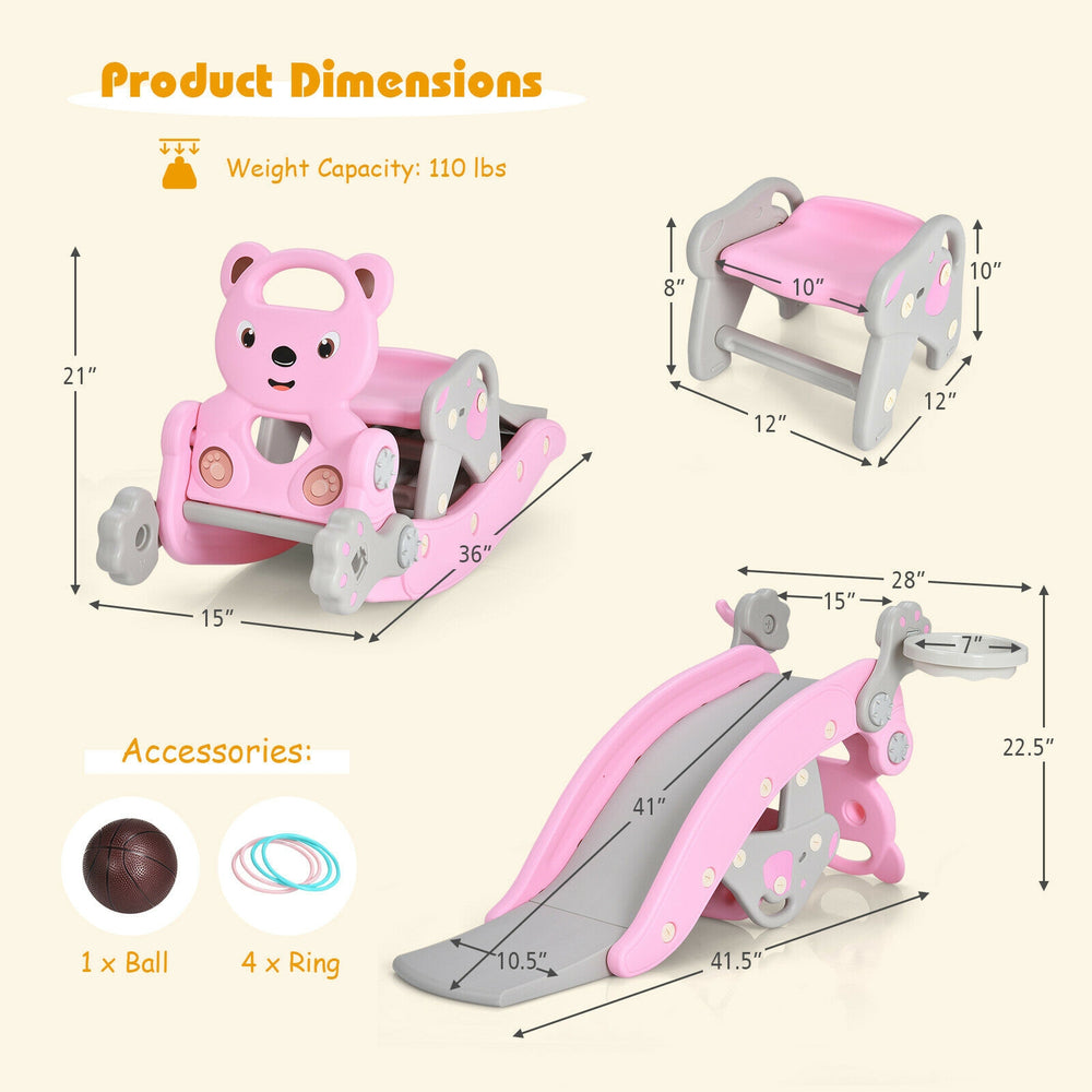4-in-1 toddler slide and rocking horse playset in pink, featuring a basketball hoop and detachable seat for versatile.