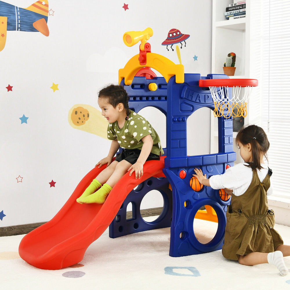 Kids enjoying the 6-in-1 freestanding slide with basketball hoop, featuring a smooth red slide and playful design.