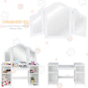 Kids tri-folding mirror vanity table in white with four storage compartments, perfect for makeup or studying.