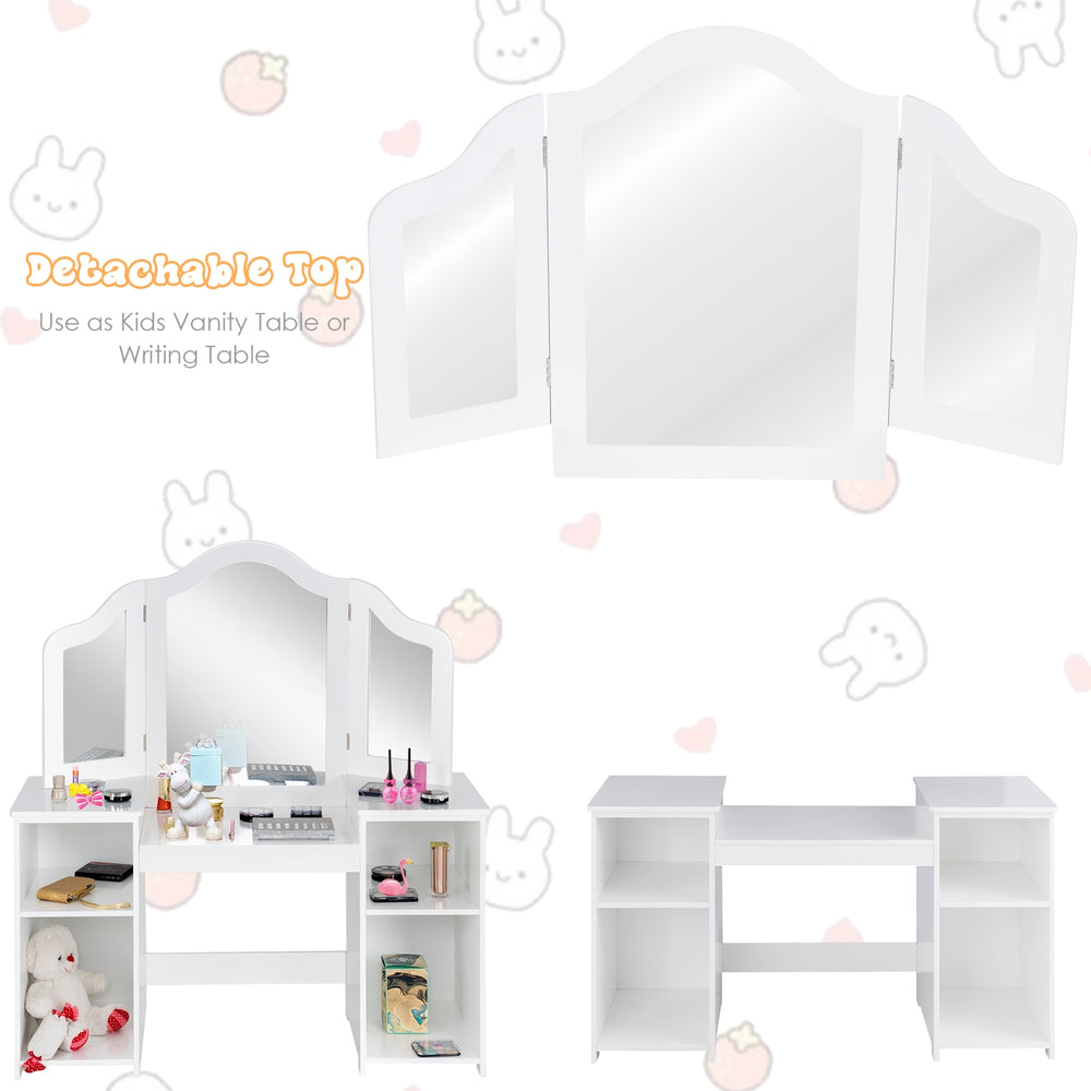 Kids tri-folding mirror vanity table in white with four storage compartments, perfect for makeup or studying.