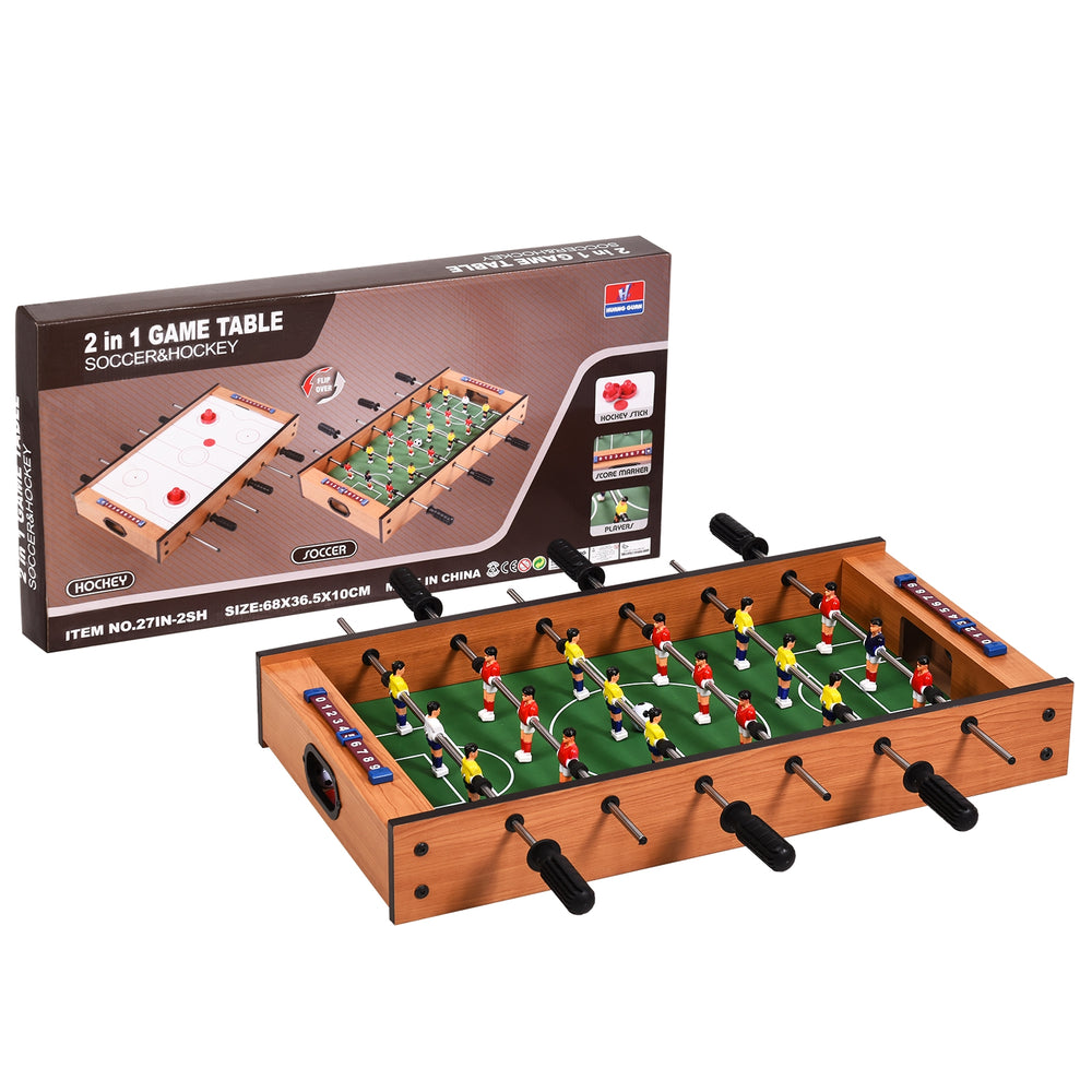 2-in-1 indoor/outdoor air hockey and foosball game table with rotating surfaces, includes all necessary components.