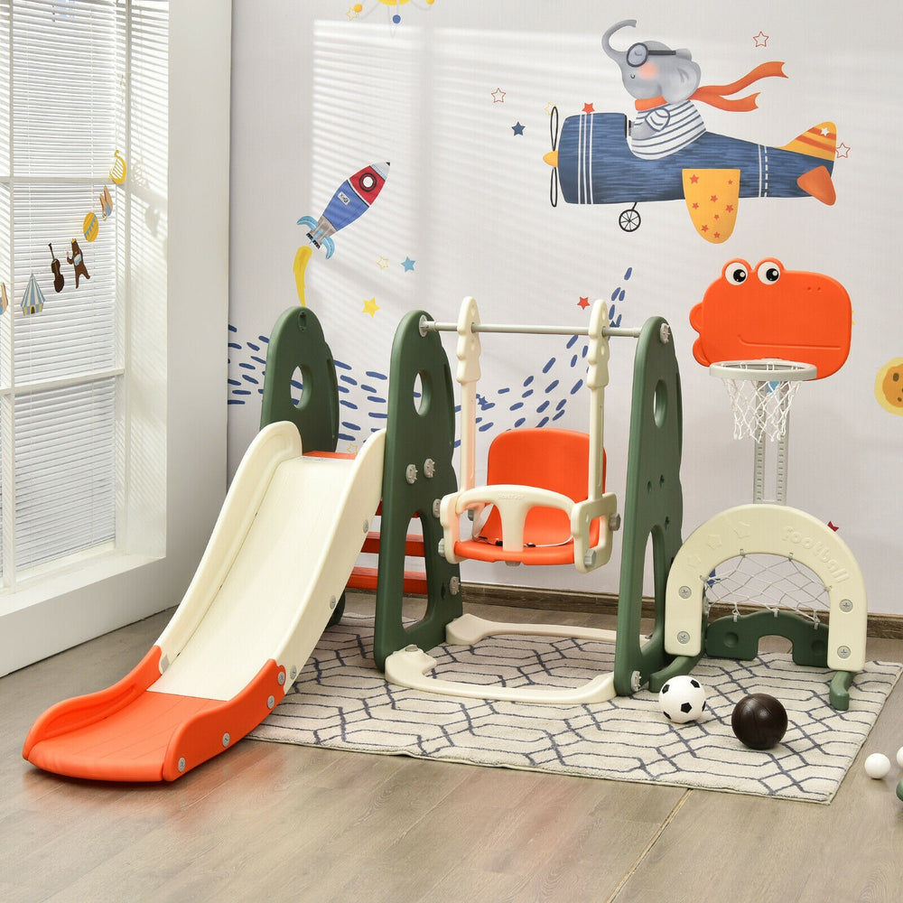 Long slide of the 6-in-1 toddler slide and swing set in orange, featuring smooth activity zones for safe landings and.