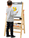 Kids art easel with adjustable height, featuring a chalkboard and whiteboard, perfect for creative activities.