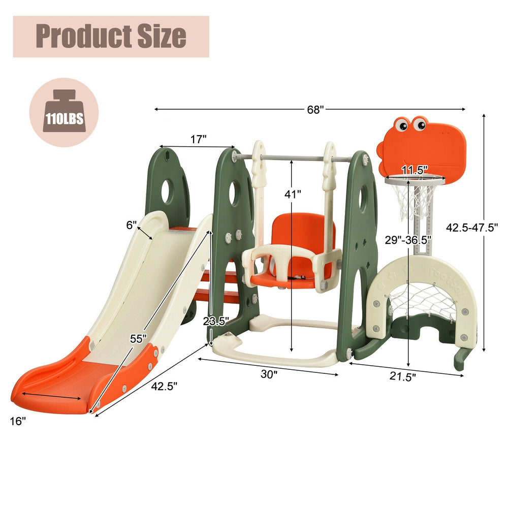 6-in-1 toddler slide and swing set in orange with basketball hoop, adjustable swing, and anti-slip steps for safe play.