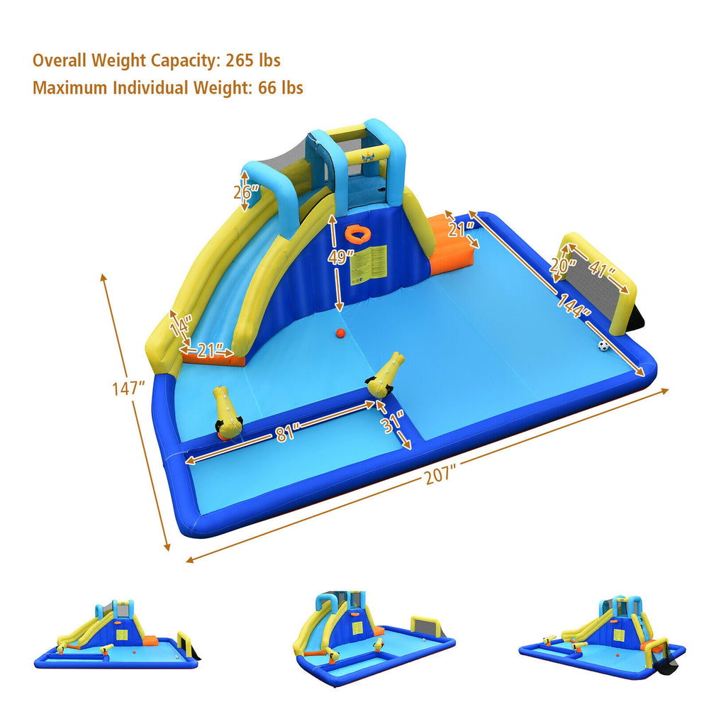 Inflatable water slide jumping house with water sprinkle function, durable oxford cloth, and dimensions of 207" x 147".