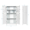 White bathroom floor storage locker with adjustable shelves and tempered glass doors for organized storage.