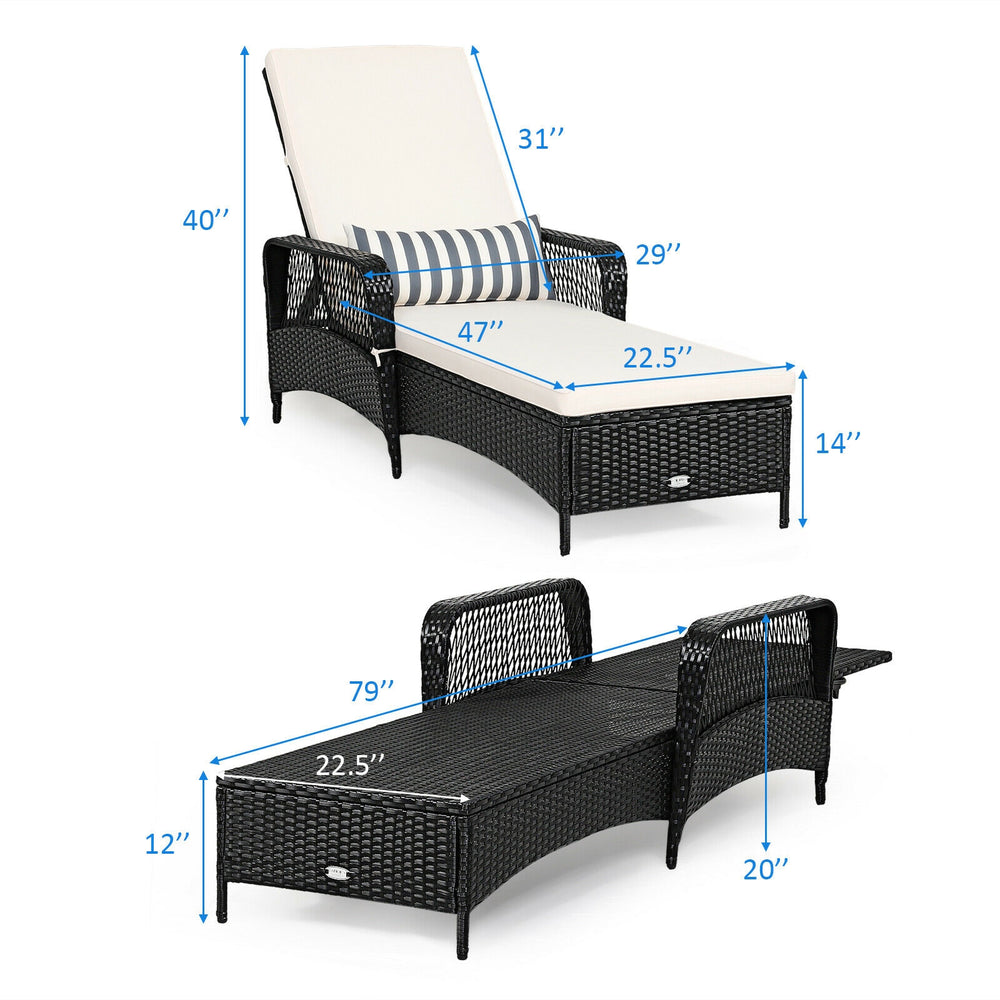 Adjustable PE rattan chaise lounge chair with off-white cushion, perfect for outdoor relaxation by the pool or patio.