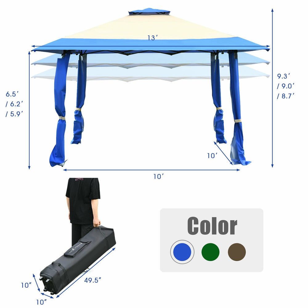 Pop up canopy tent in blue, 13' x 13', made of durable oxford fabric, ideal for outdoor gatherings and easy to.