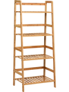 4-tier bamboo plant rack with guardrails, stable design, ideal for organizing items in living room or kitchen.