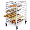 Aluminum rolling bakery pan rack with 10 tiers, designed for holding full-size sheet pans, featuring durable wheels for.