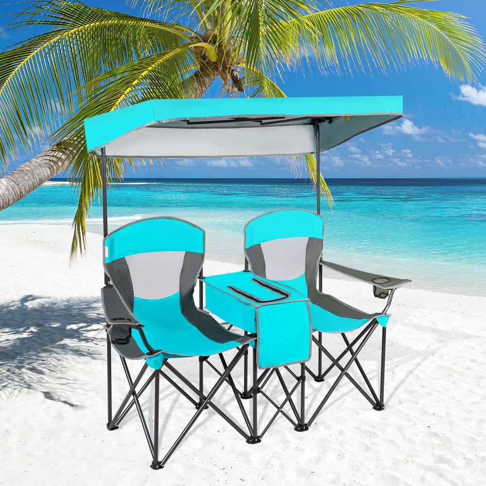Patented Portable Folding Camping Canopy Chairs with Cup Holder-Turquoise - Gallery View 1 of 12