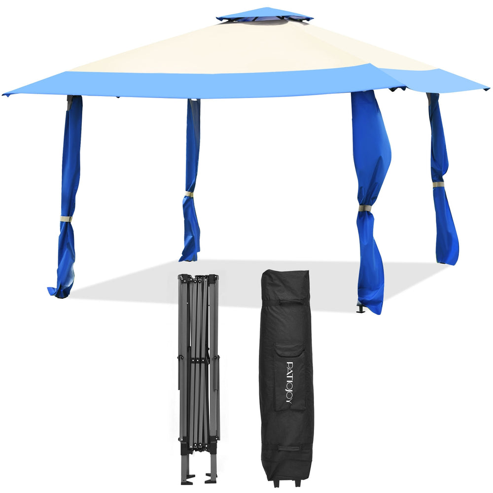 Pop up canopy tent with blue and cream colors, 13' x 13', durable oxford fabric, ideal for outdoor gatherings.