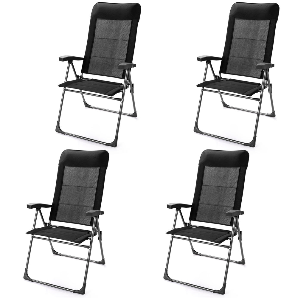 Set of 4 black portable patio folding dining chairs with adjustable headrest, perfect for camping and outdoor use.