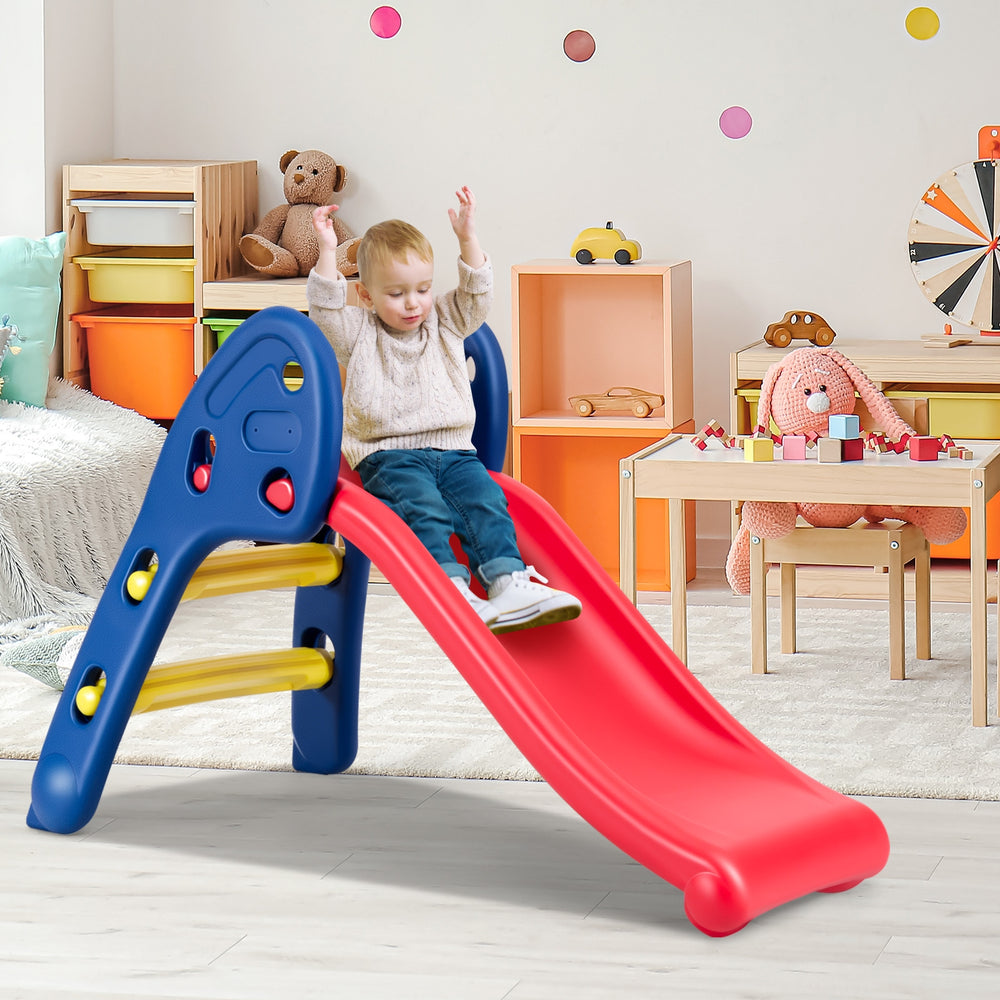 Children's folding plastic slide in red and blue, featuring easy steps and safety handrails for kids aged 3-6 years.