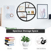 Circular wall-mounted 4-tier rack in black metal, ideal for displaying plants, books, and decorations in modern.