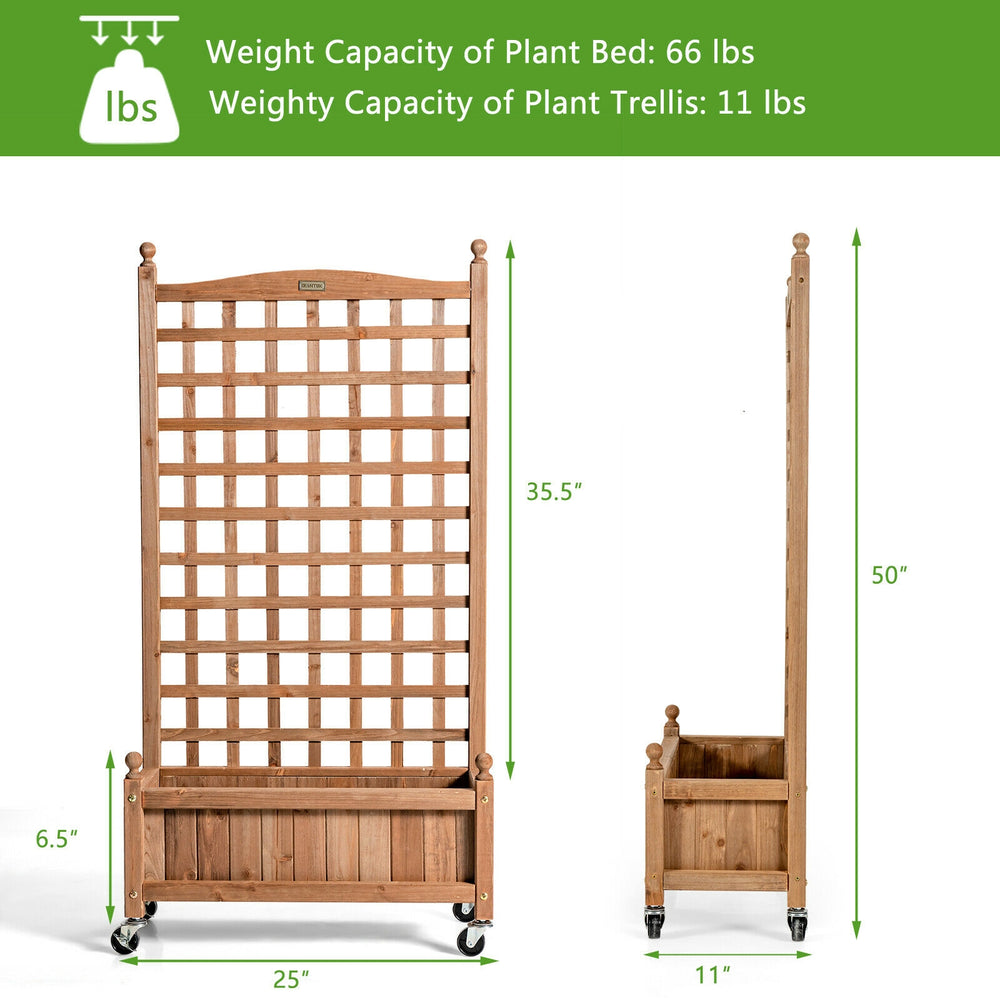 Wood planter box with trellis, 50 inches tall, made of fir wood, ideal for climbing plants, features drainage hole and.