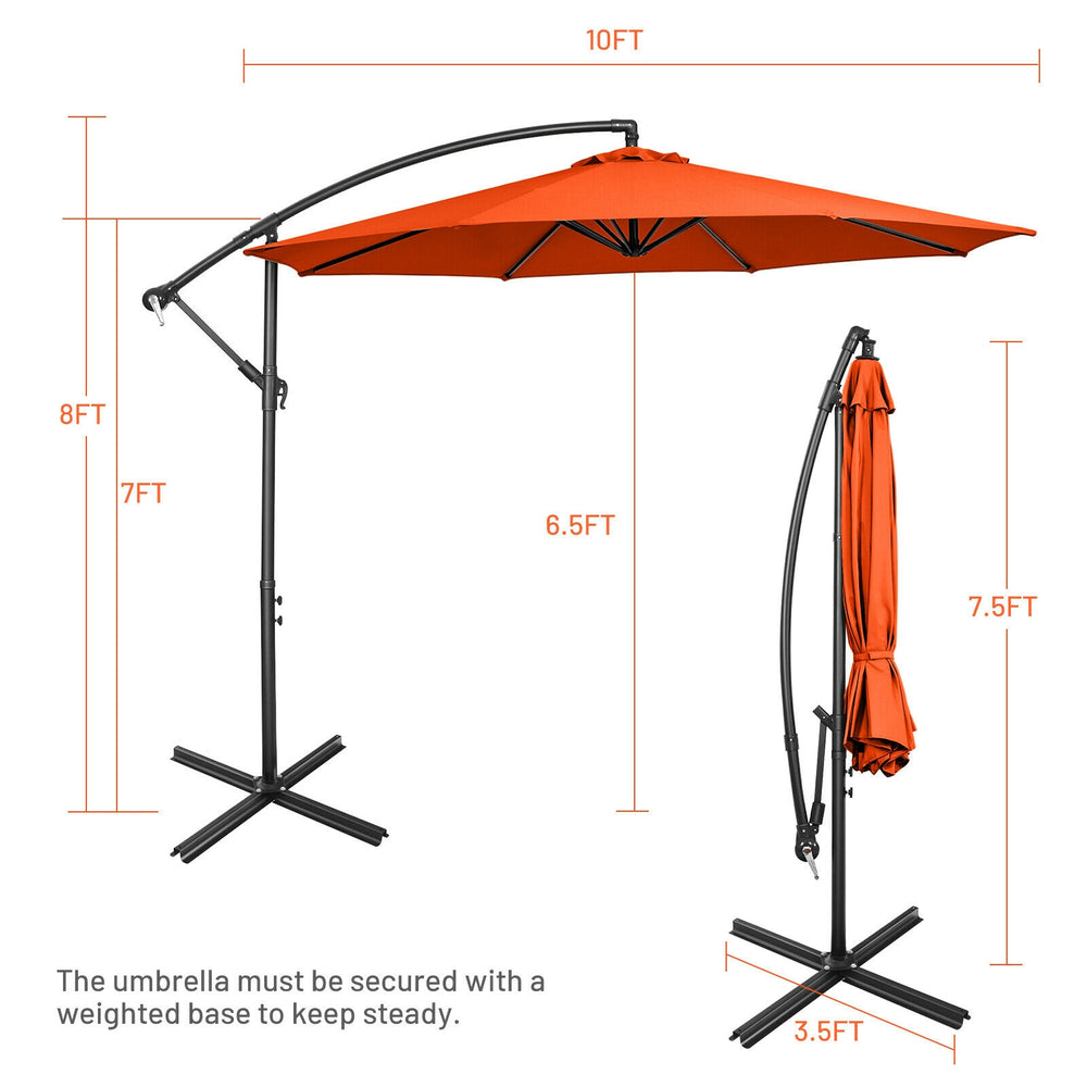 10 feet offset umbrella in orange with 8 ribs and cross base, ideal for adjustable shade in outdoor spaces.