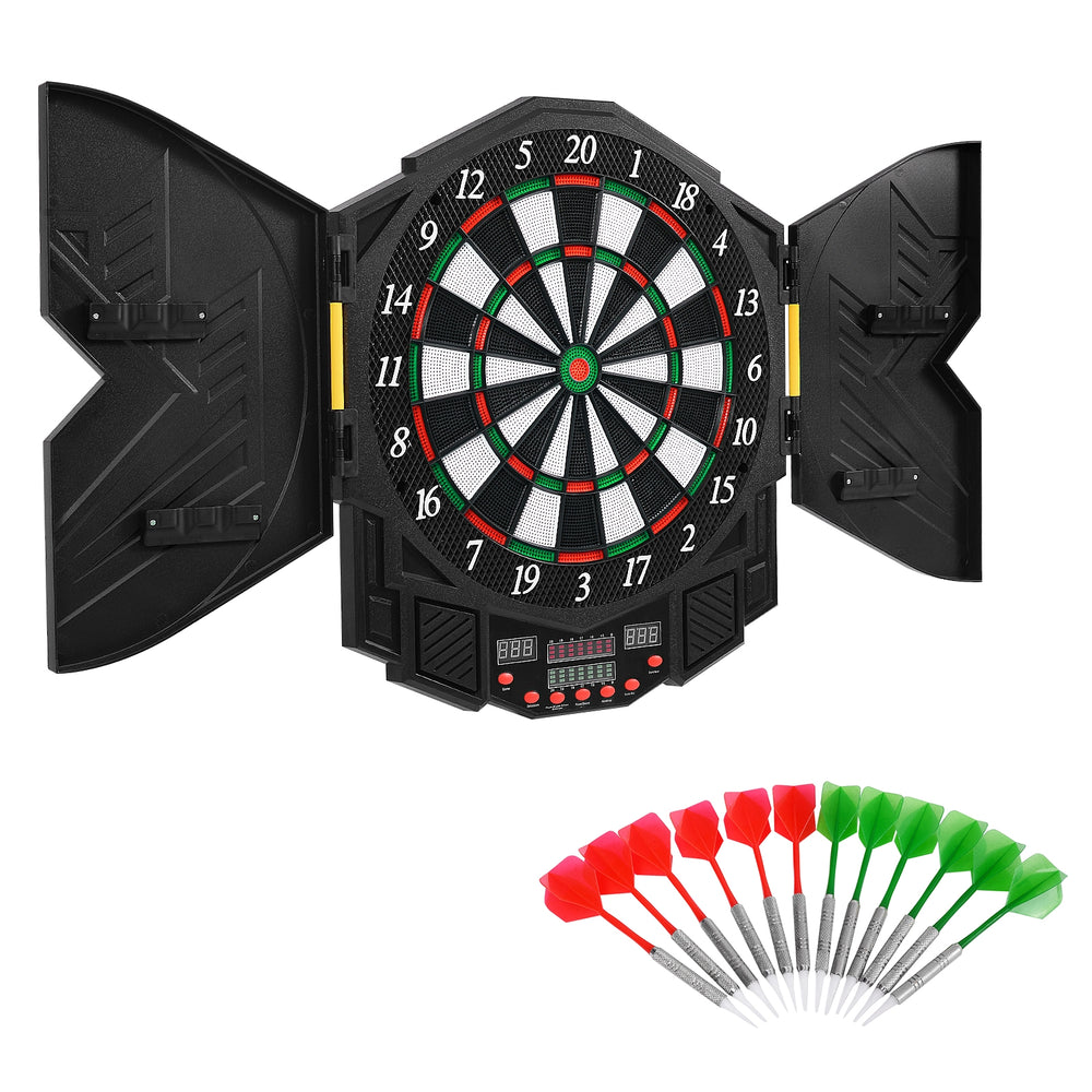 Professional electronic dartboard set with LCD display, heavy-duty cabinet, and 12 soft tip darts for game room fun.
