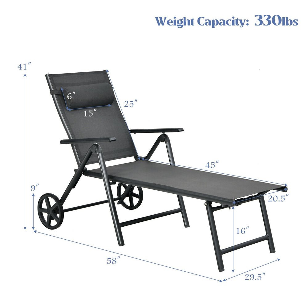 Adjustable gray patio lounge chair with wheels, aluminum frame, 7 backrest positions, ideal for poolside relaxation.