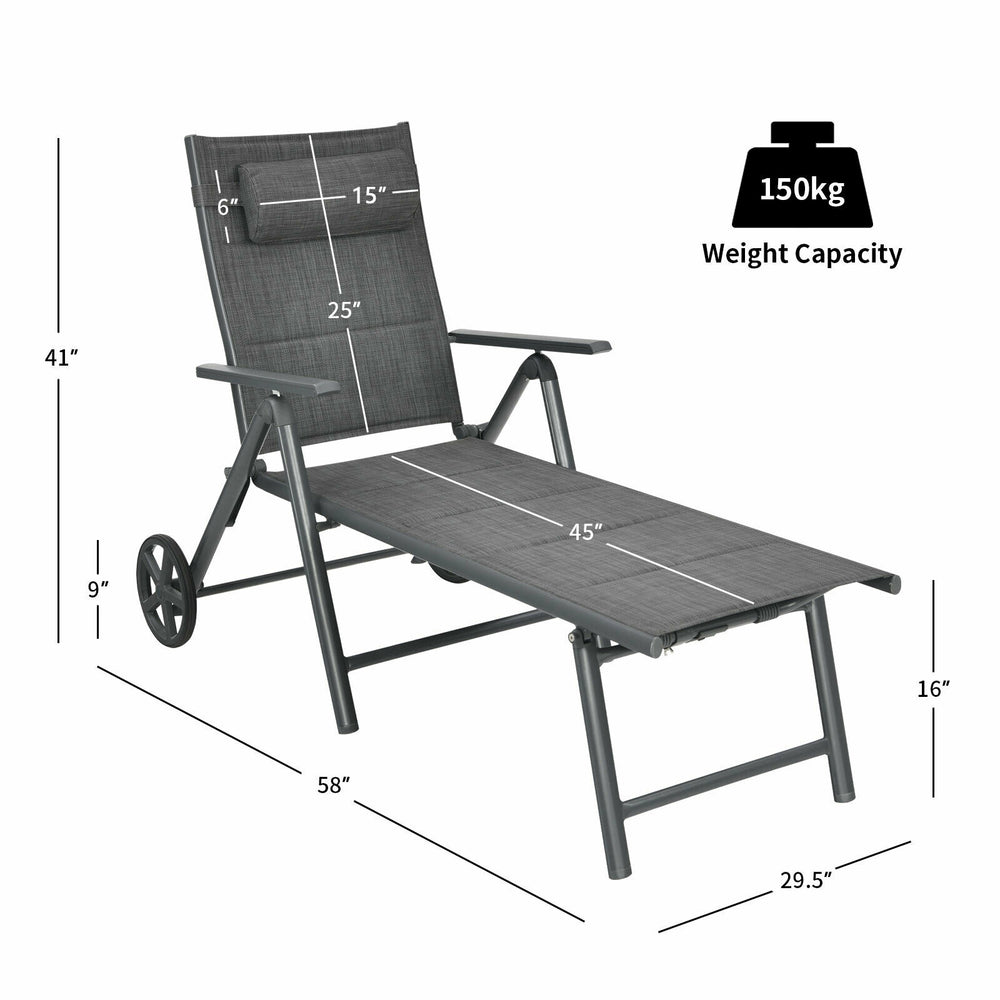 Gray patio reclining chaise lounge with adjustable backrest, cotton-padded seat, and convenient wheels for outdoor.
