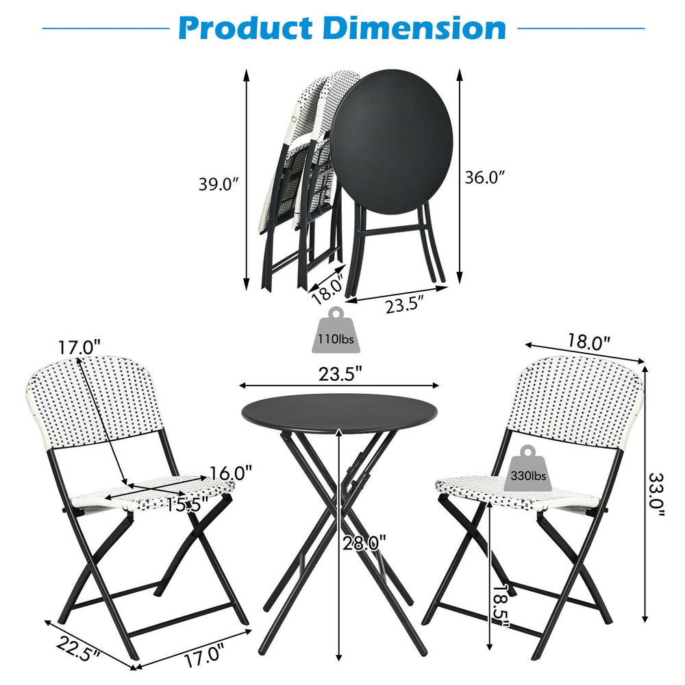 Dimensions of the 3-piece patio rattan bistro set with folding table and 2 chairs for outdoor use.