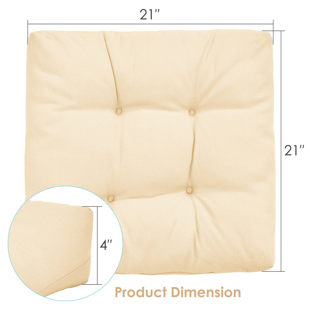 Beige 21"x21" patio chair seat cushion with 4" high resilience cotton, ideal for indoor and outdoor use.