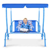 Blue outdoor kids patio swing bench with canopy, featuring puppy pattern, designed for 2 children aged 3 to 5 years.