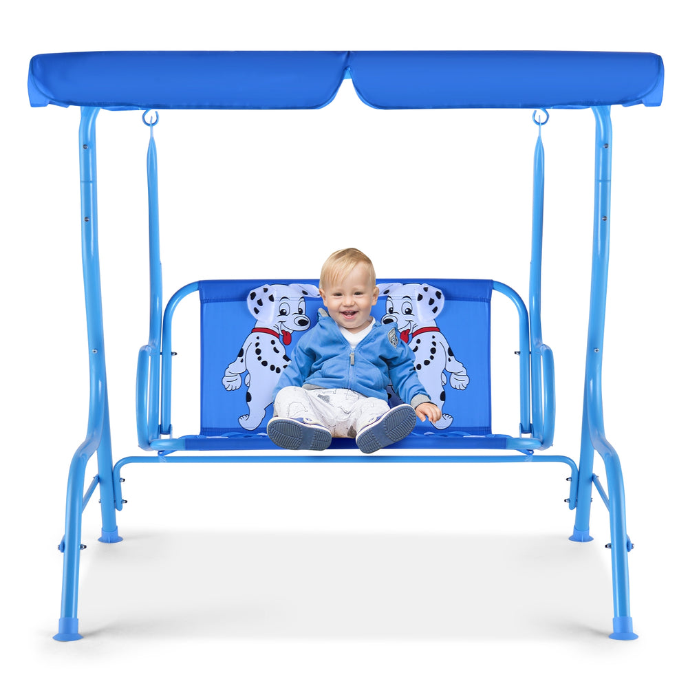 Blue outdoor kids patio swing bench with canopy, featuring puppy pattern, designed for 2 children aged 3 to 5 years.