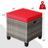 Red removable cushion on a 16" square outdoor rattan ottoman, made of durable PE rattan for patio or garden use.